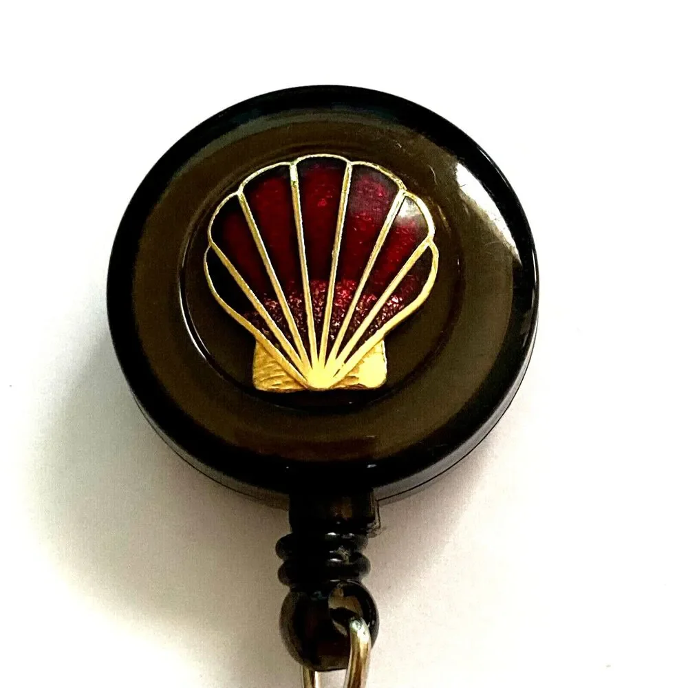 Vtg Sea Shell Cloisonne Charm ID Card Badge Holder Lanyard Retractable Reel